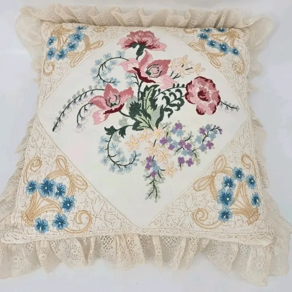 Vintage 90s Grandmacore Embroidered Candmar Designs Victorian Style Throw Pillow